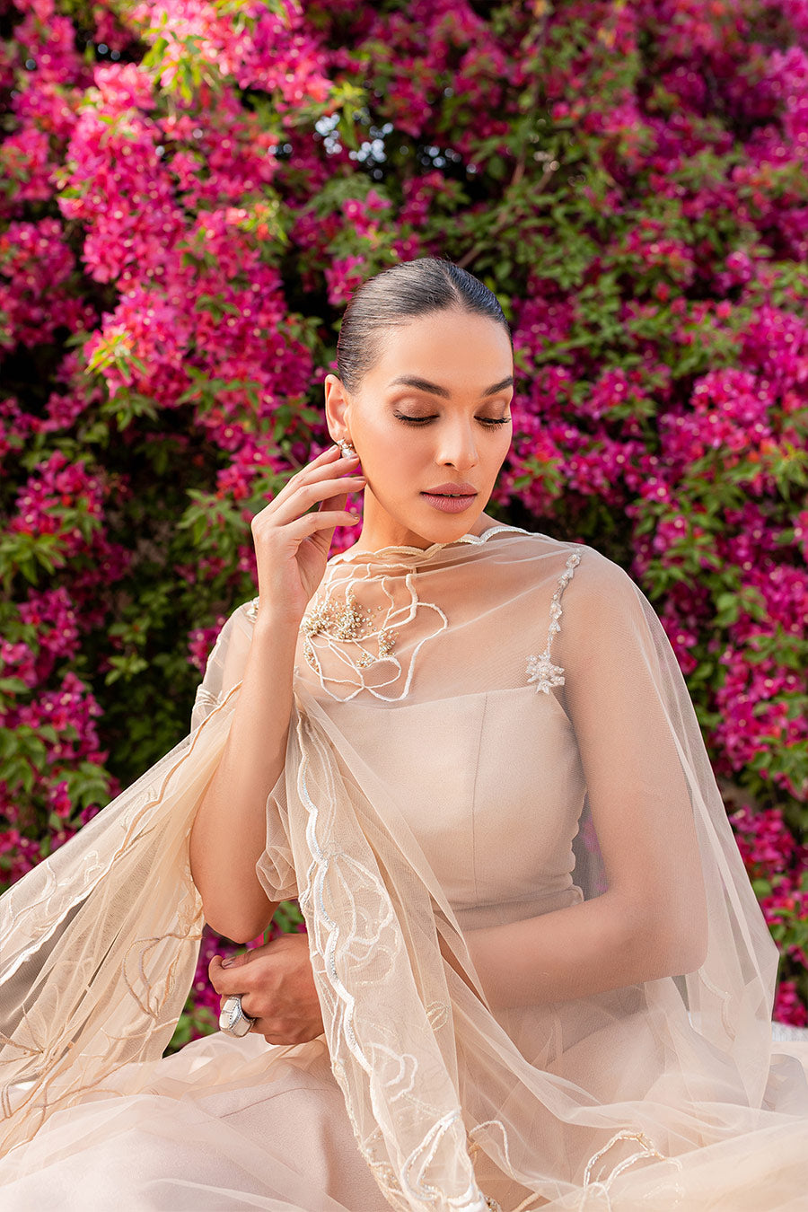 Nude Pink Embroidered Net & Shimmer Lehenga (3-Piece) - Image 4