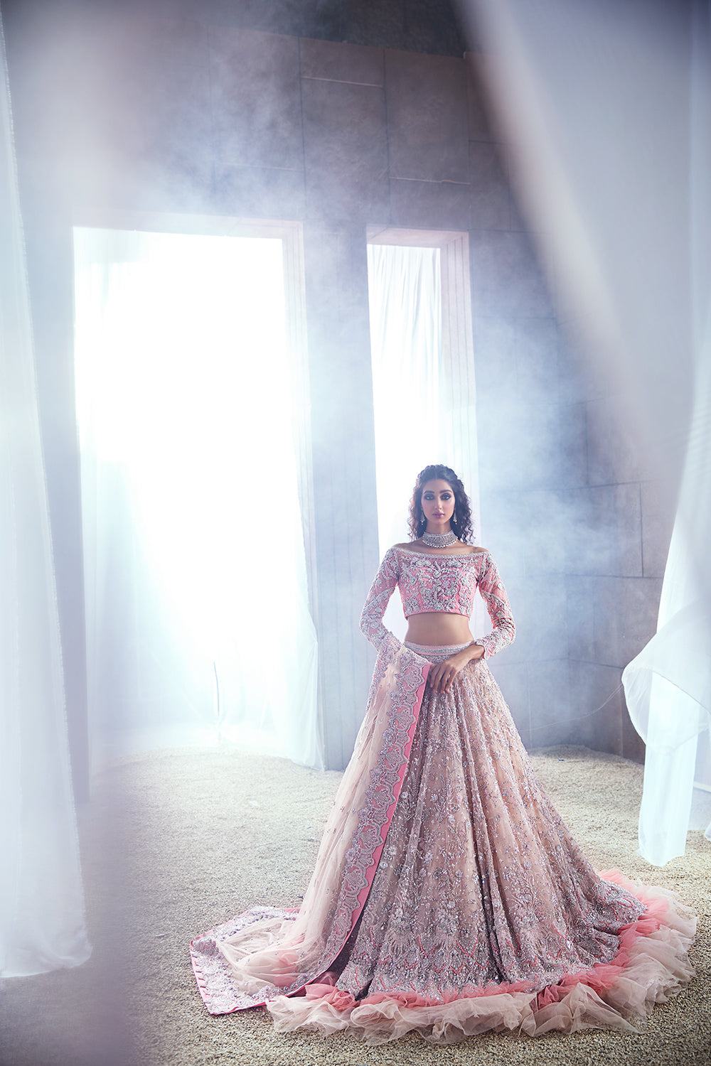 Pakistani Powder Pink Embellished Net Bridal Lehenga (3-Piece) - Image 3