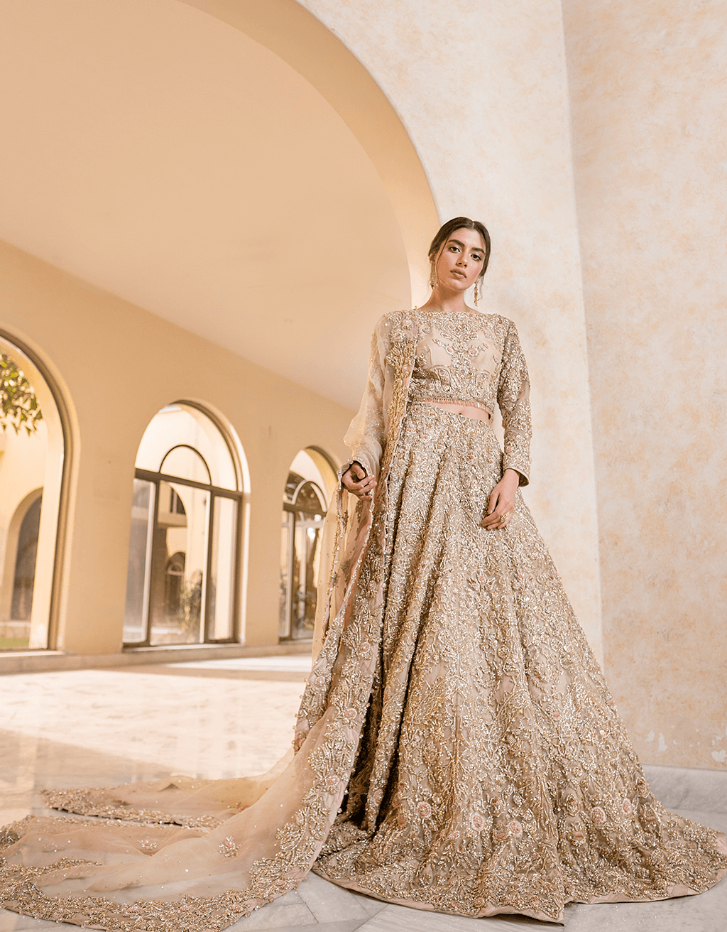 Nude Pink Embellished Net Lehenga Choli (3-Piece) - Image 1