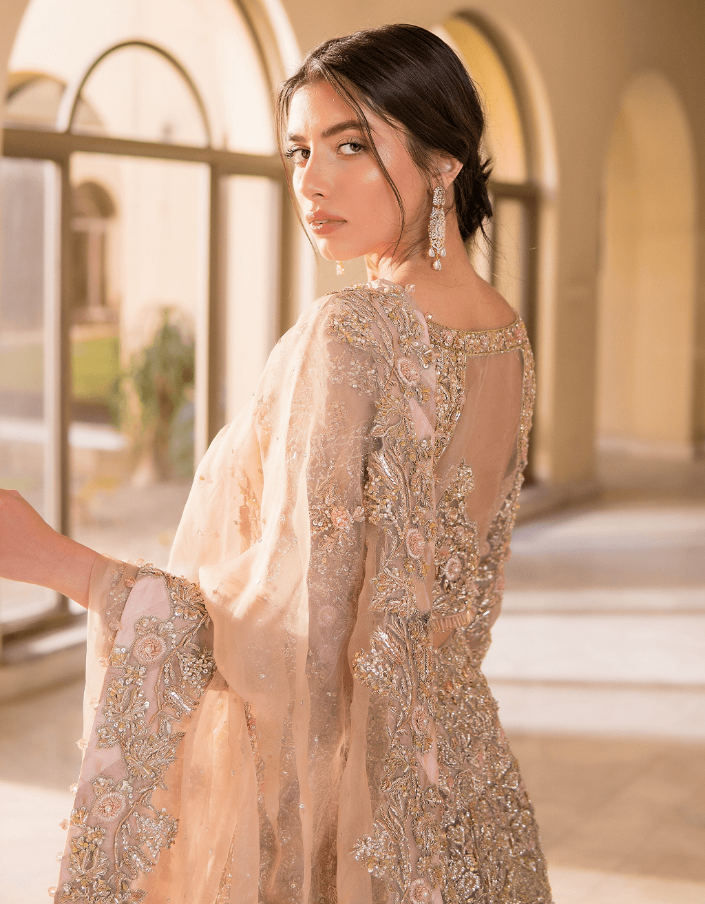 Nude Pink Embellished Net Lehenga Choli (3-Piece) - Image 2