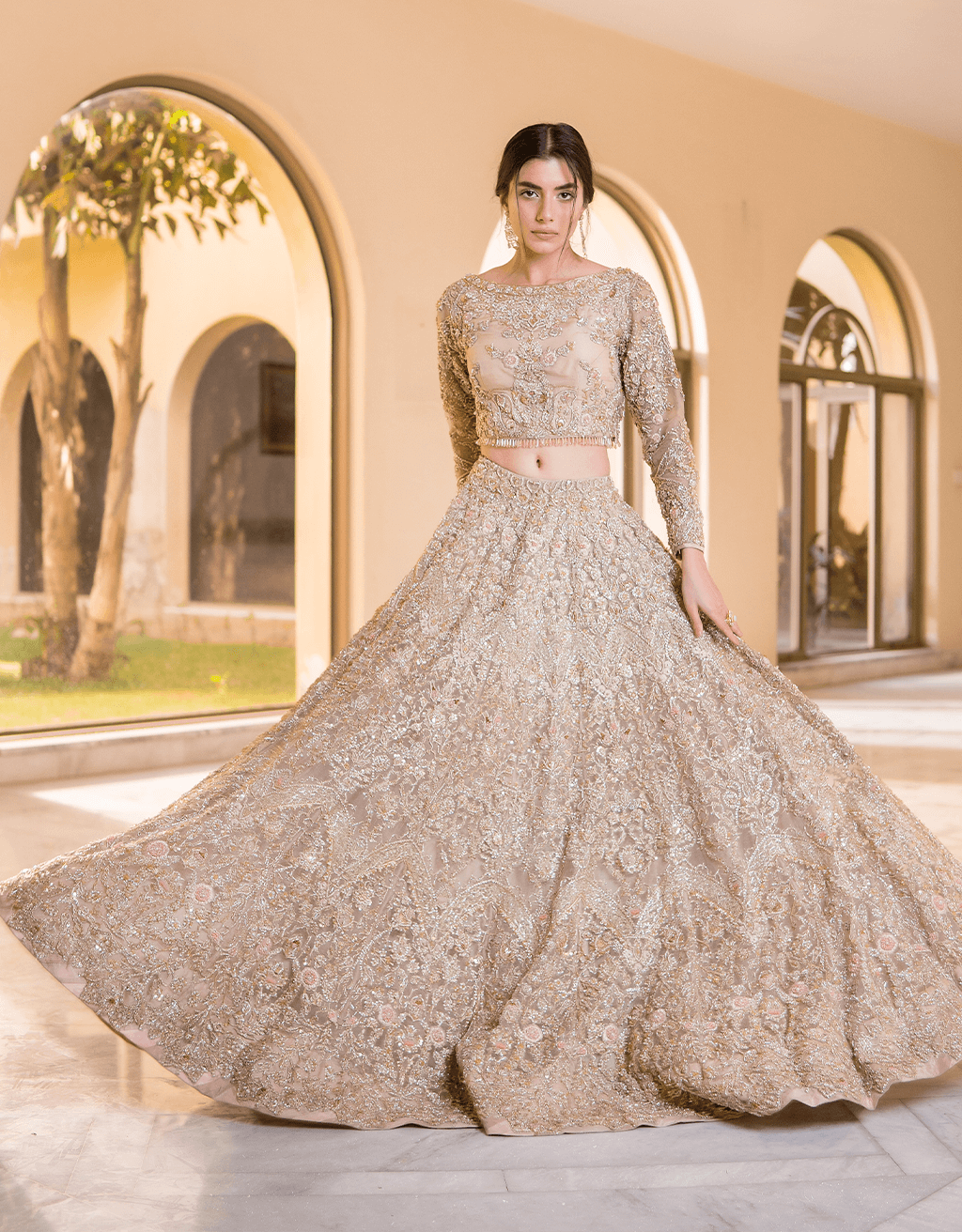 Nude Pink Embellished Net Lehenga Choli (3-Piece) - Image 3