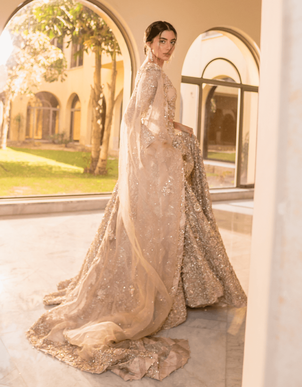 Nude Pink Embellished Net Lehenga Choli (3-Piece) - Image 4