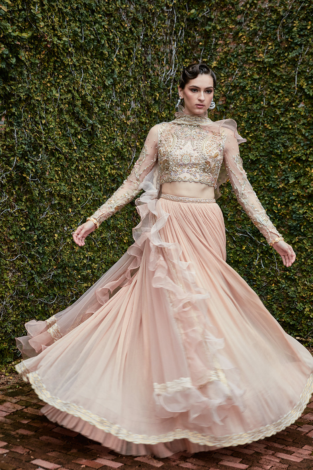 Blush Pink Embroidered Net Lehenga Set (3-Piece) - Image 4