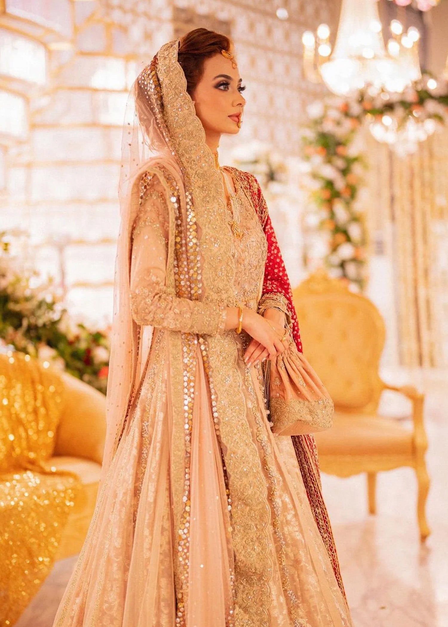 Blush Pink & Red Embellished Bridal Lehenga (3-Piece) - Image 1