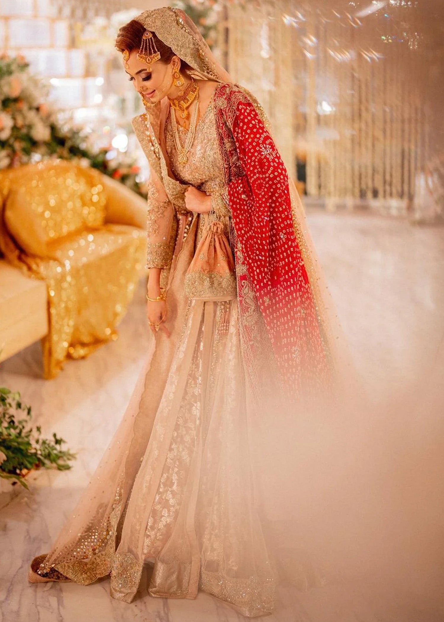 Blush Pink & Red Embellished Bridal Lehenga (3-Piece) - Image 2