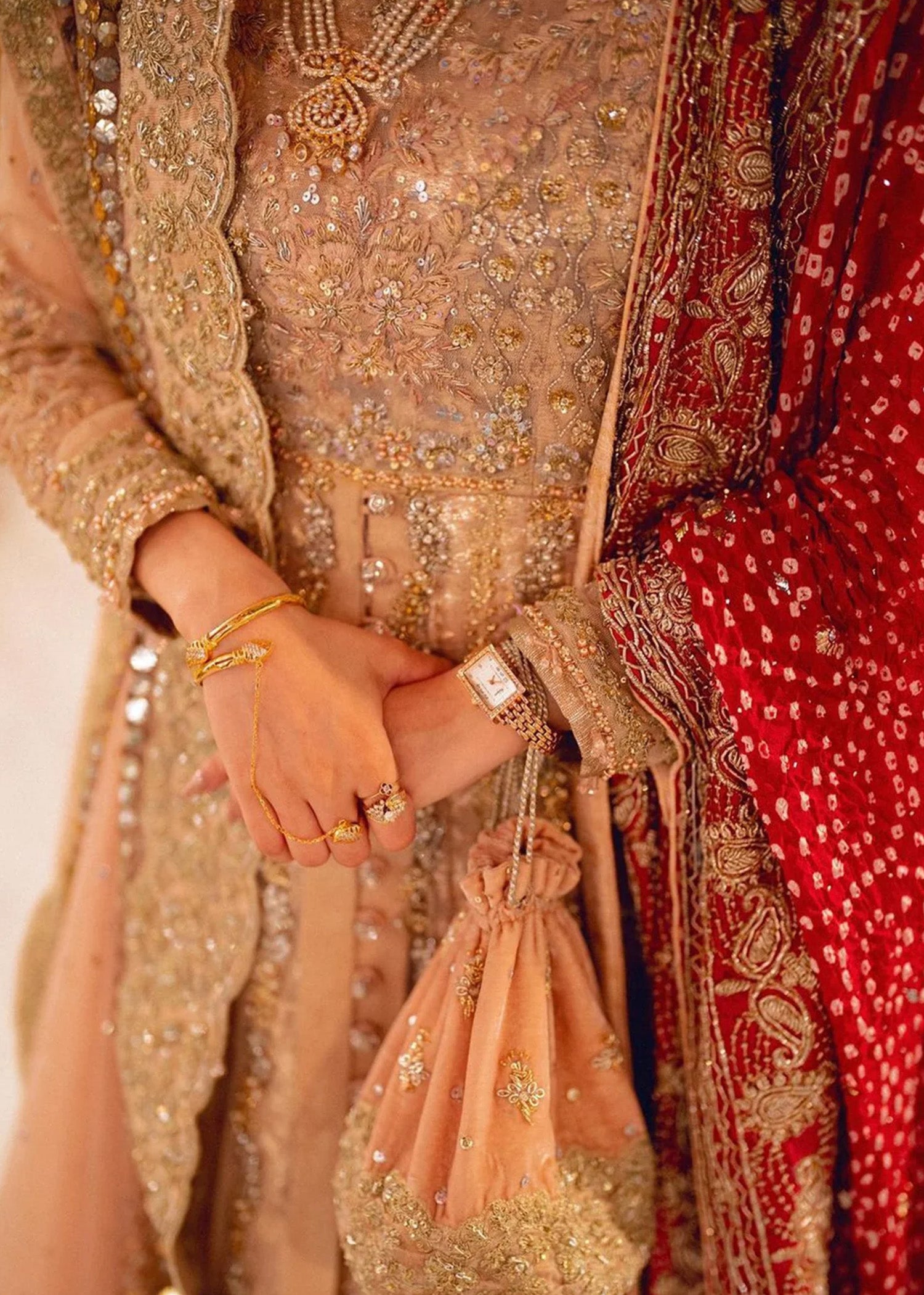 Blush Pink & Red Embellished Bridal Lehenga (3-Piece) - Image 3