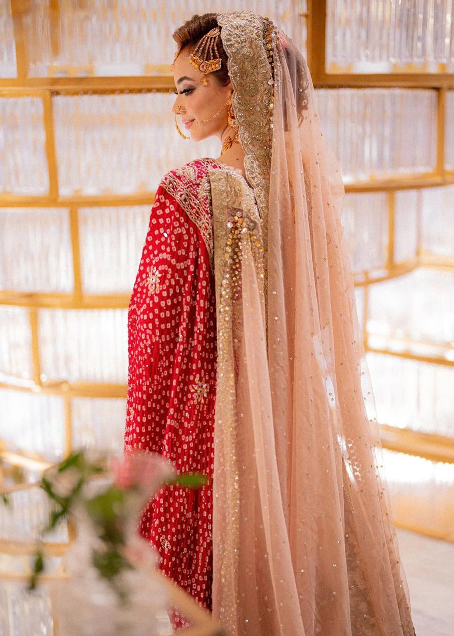 Blush Pink & Red Embellished Bridal Lehenga (3-Piece) - Image 4