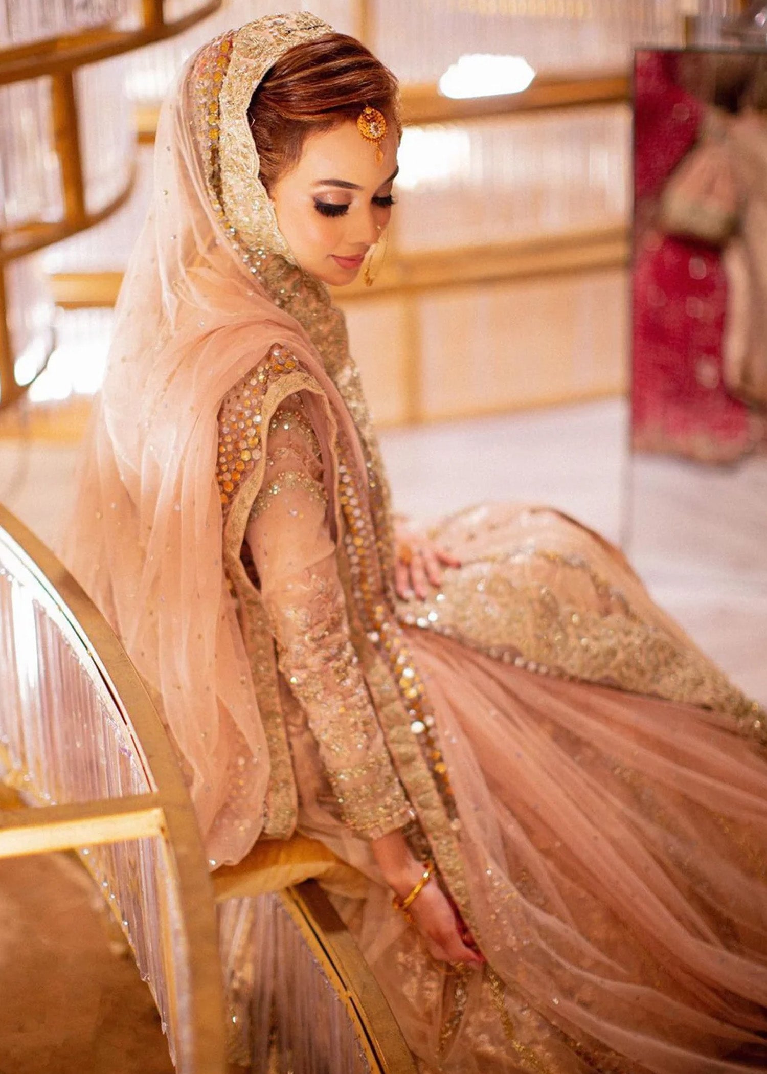 Blush Pink & Red Embellished Bridal Lehenga (3-Piece) - Image 5
