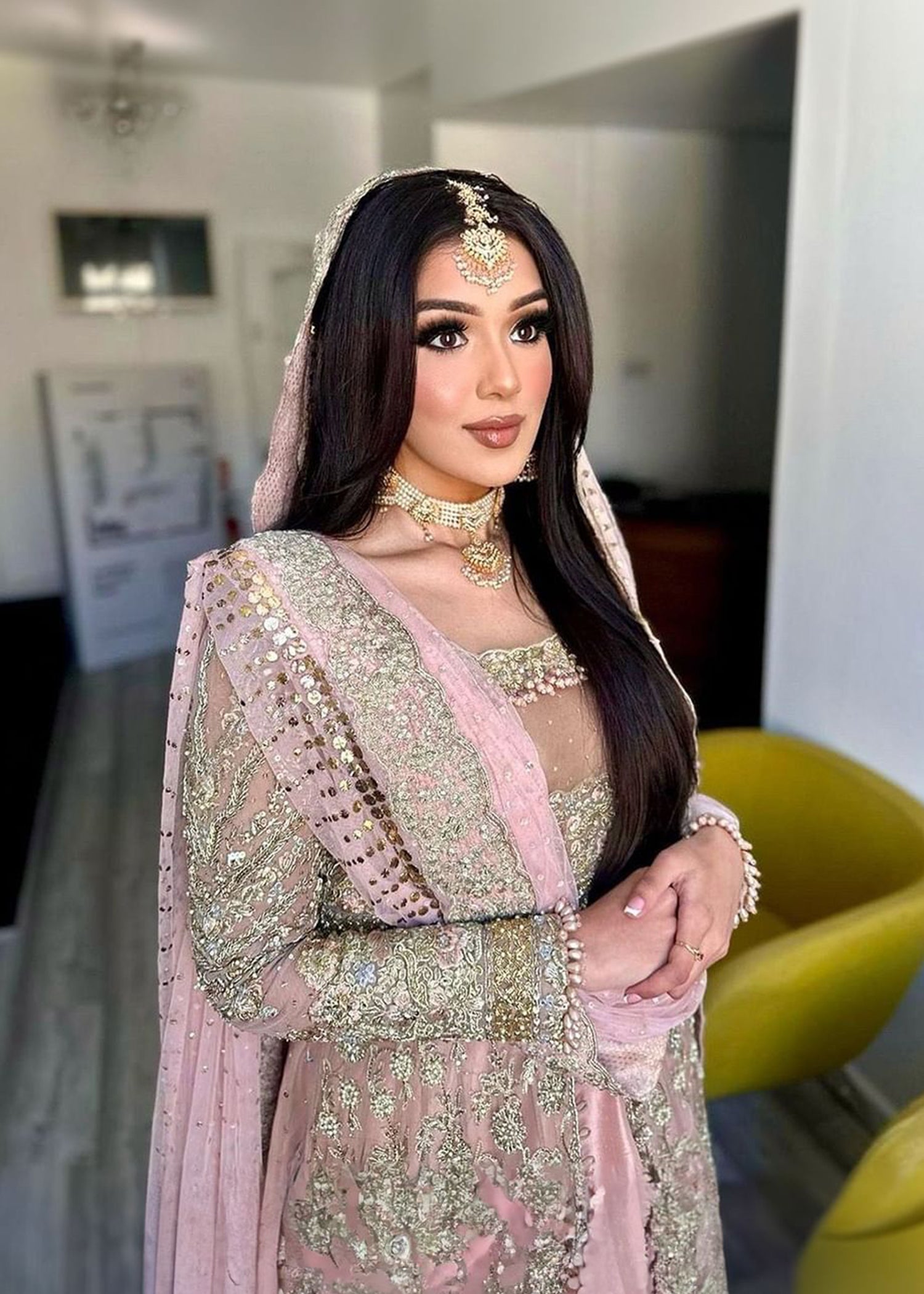 Pakistani Blush Pink Embroidered Net Bridal Lehenga (3-Piece) - Image 1