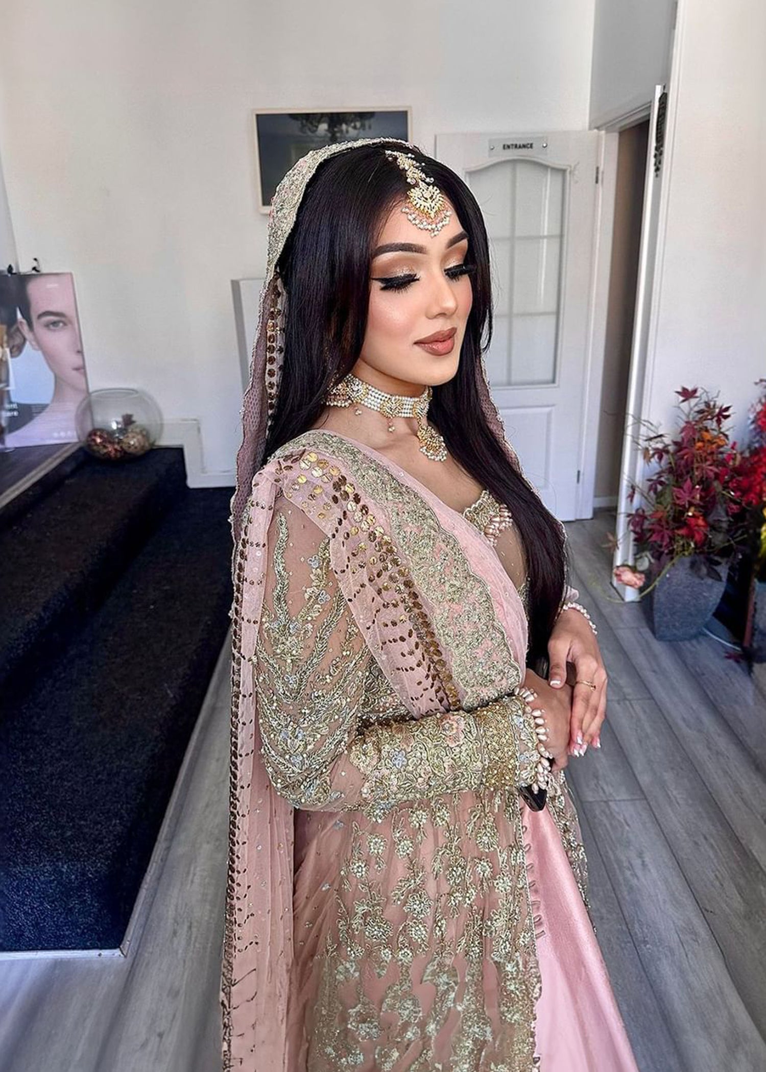 Pakistani Blush Pink Embroidered Net Bridal Lehenga (3-Piece) - Image 2