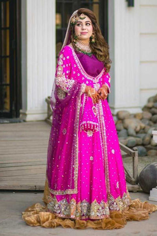 Fuchsia Pink Embroidered Net Bridal Lehenga (3-Piece) - Image 2