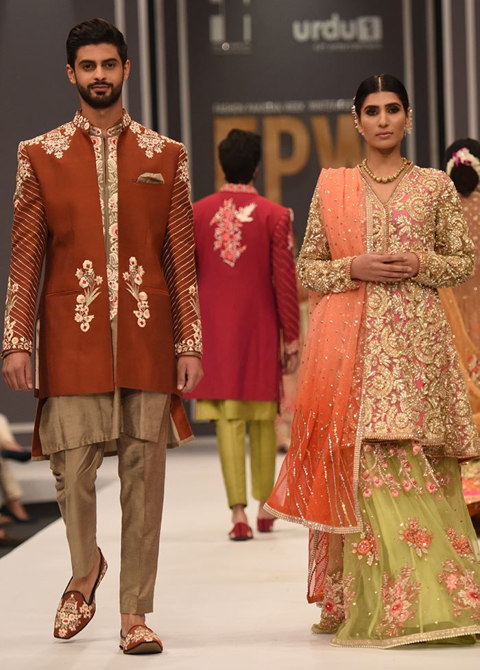 Peach and Lime Green Embroidered Bridal Lehenga (3-Piece) - Image 1