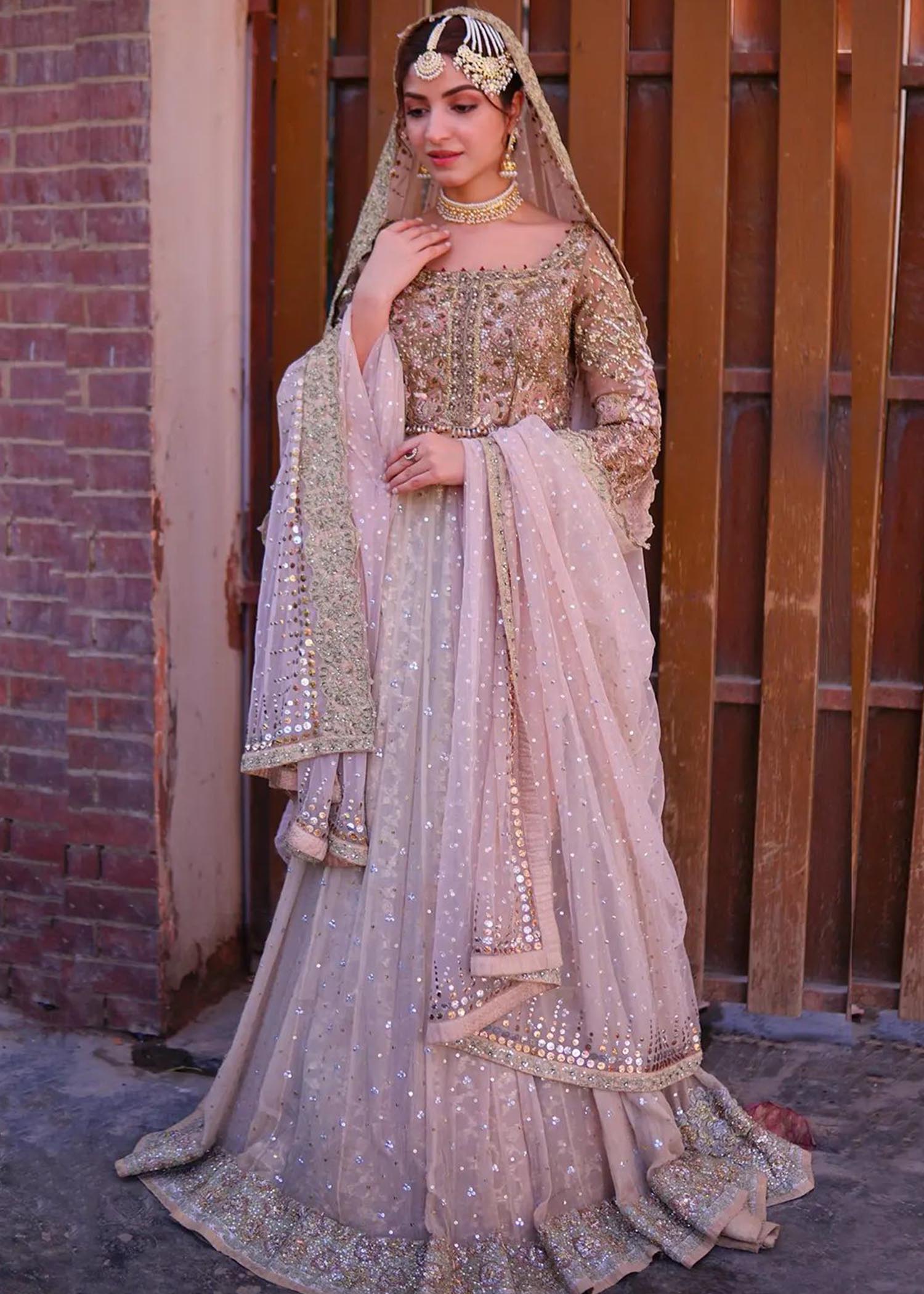 Pakistani Blush Pink Embroidered Net Bridal Lehenga (3-Piece) - Image 2