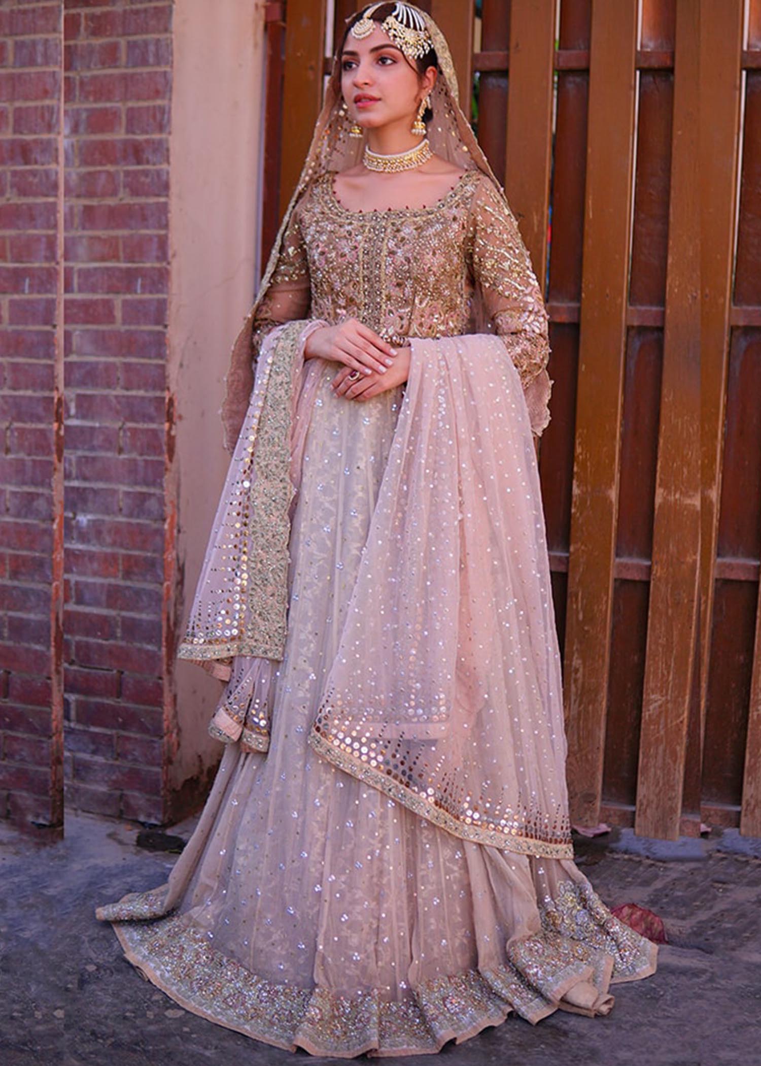 Pakistani Blush Pink Embroidered Net Bridal Lehenga (3-Piece) - Image 4