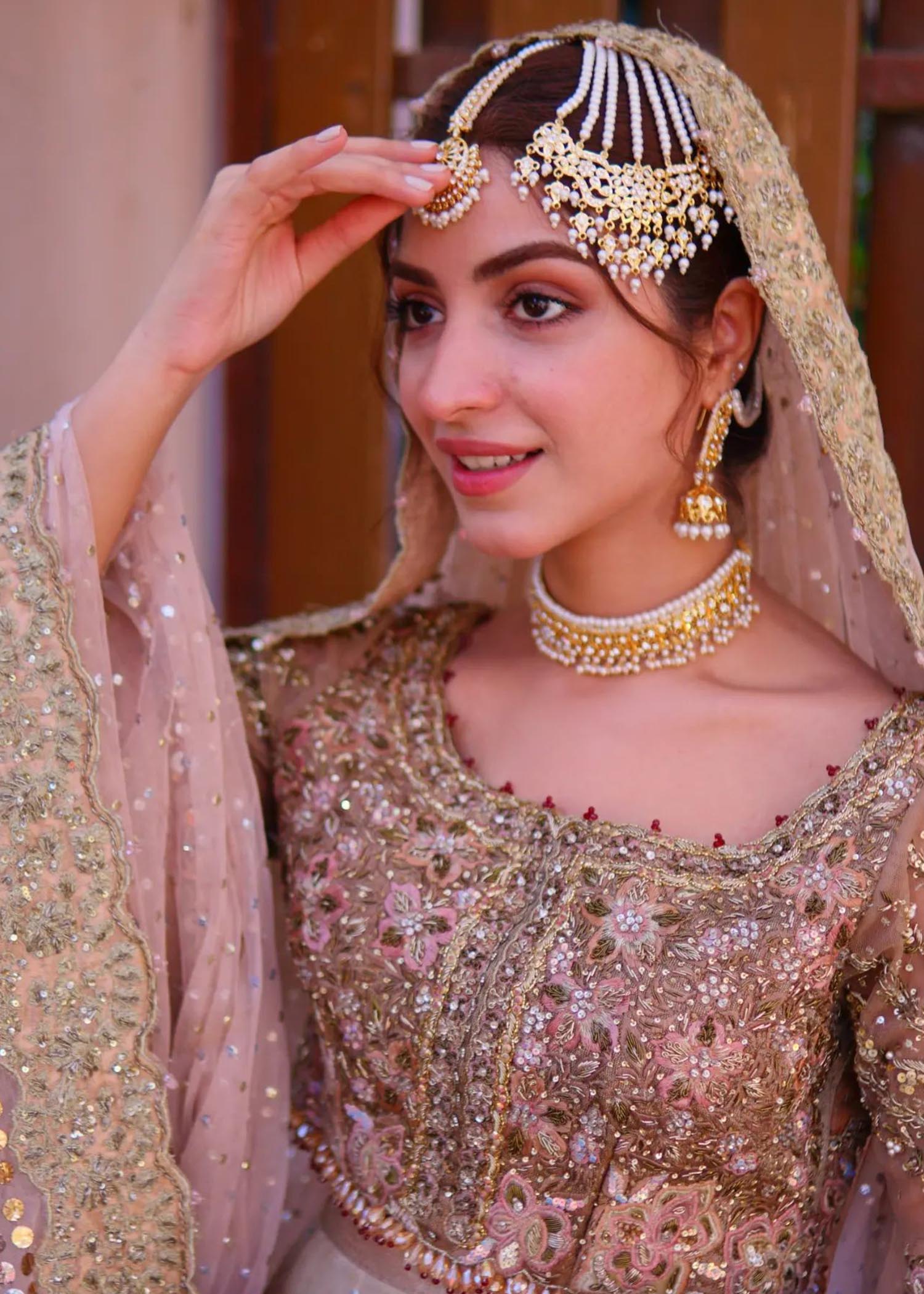 Pakistani Blush Pink Embroidered Net Bridal Lehenga (3-Piece) - Image 6