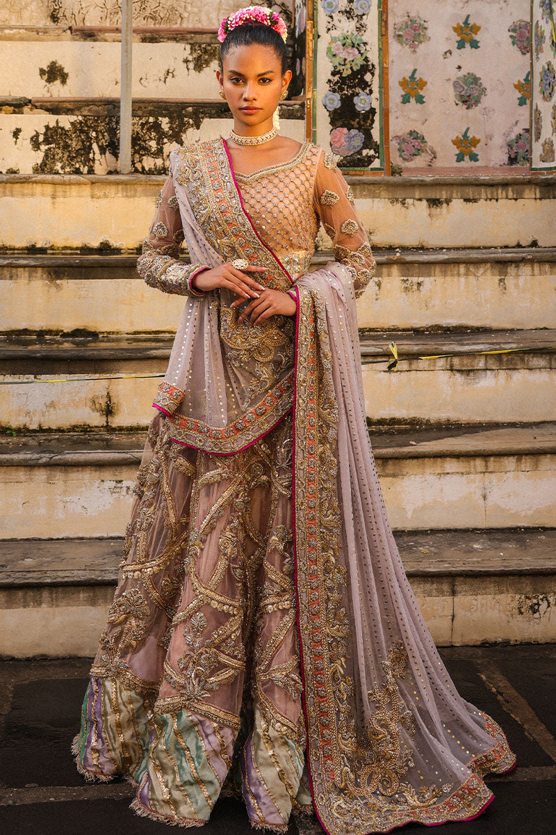 Pakistani Dusty Pink and Lilac Embroidered Net Bridal Lehenga (3-Piece) - Image 1