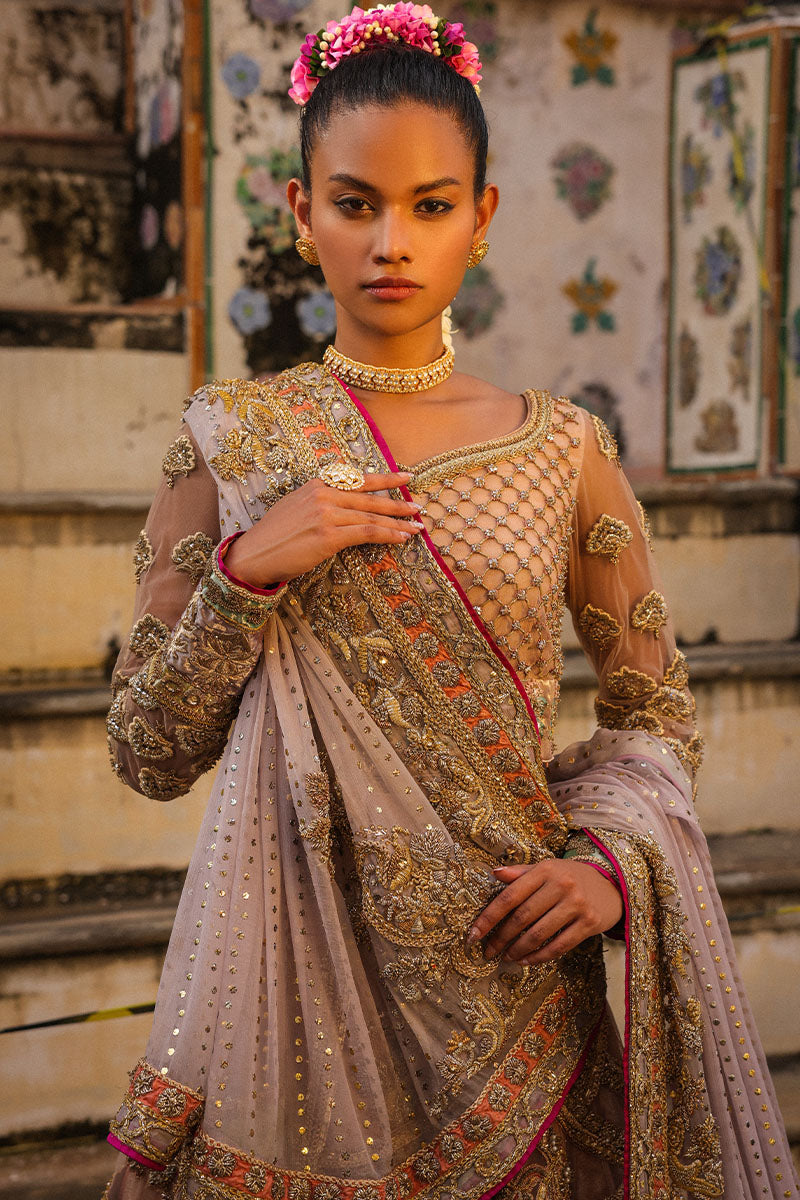 Pakistani Dusty Pink and Lilac Embroidered Net Bridal Lehenga (3-Piece) - Image 10