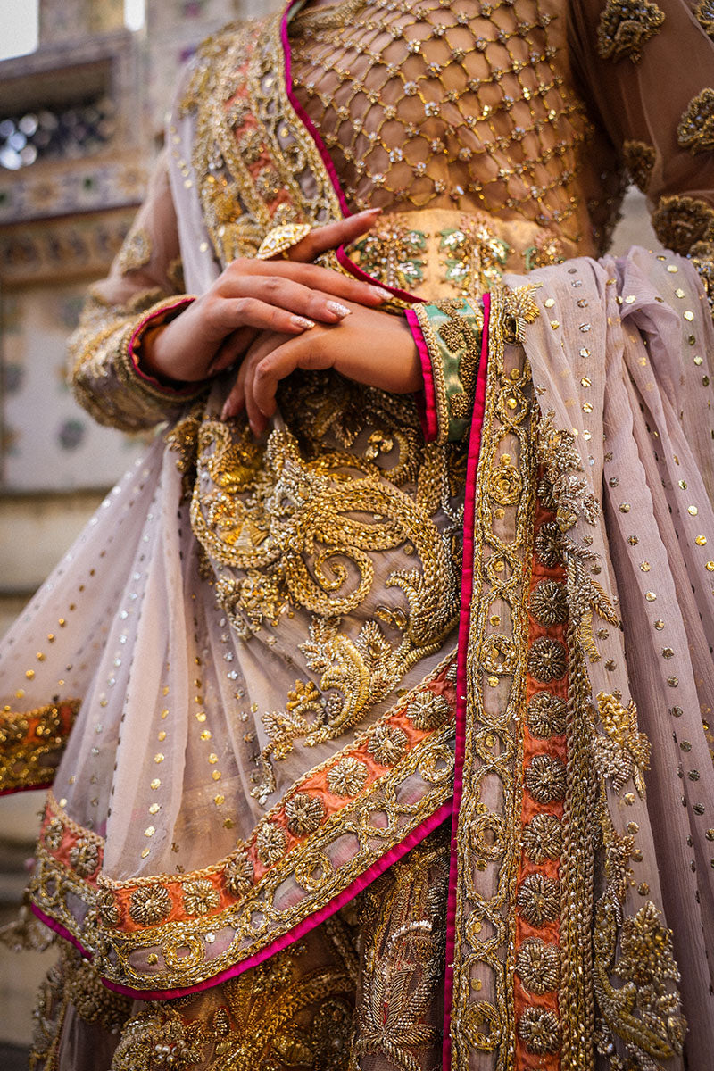 Pakistani Dusty Pink and Lilac Embroidered Net Bridal Lehenga (3-Piece) - Image 12