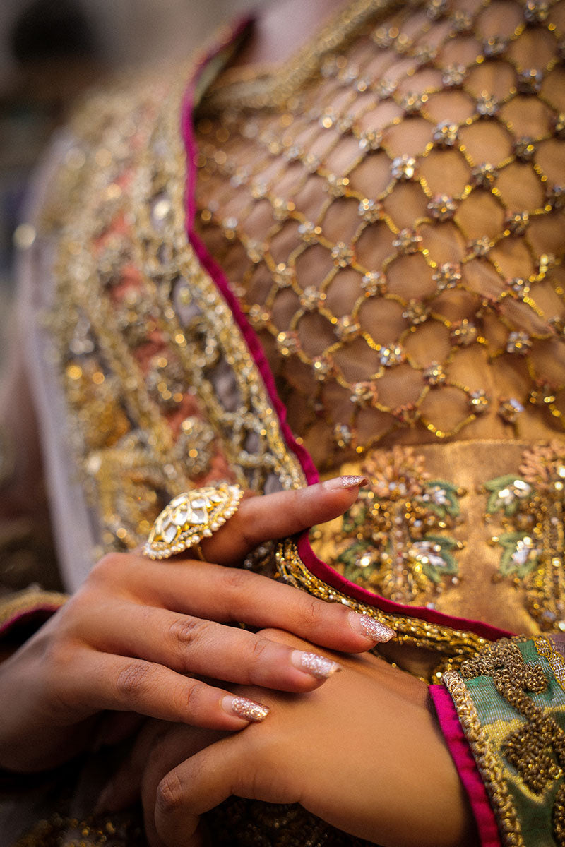 Pakistani Dusty Pink and Lilac Embroidered Net Bridal Lehenga (3-Piece) - Image 13