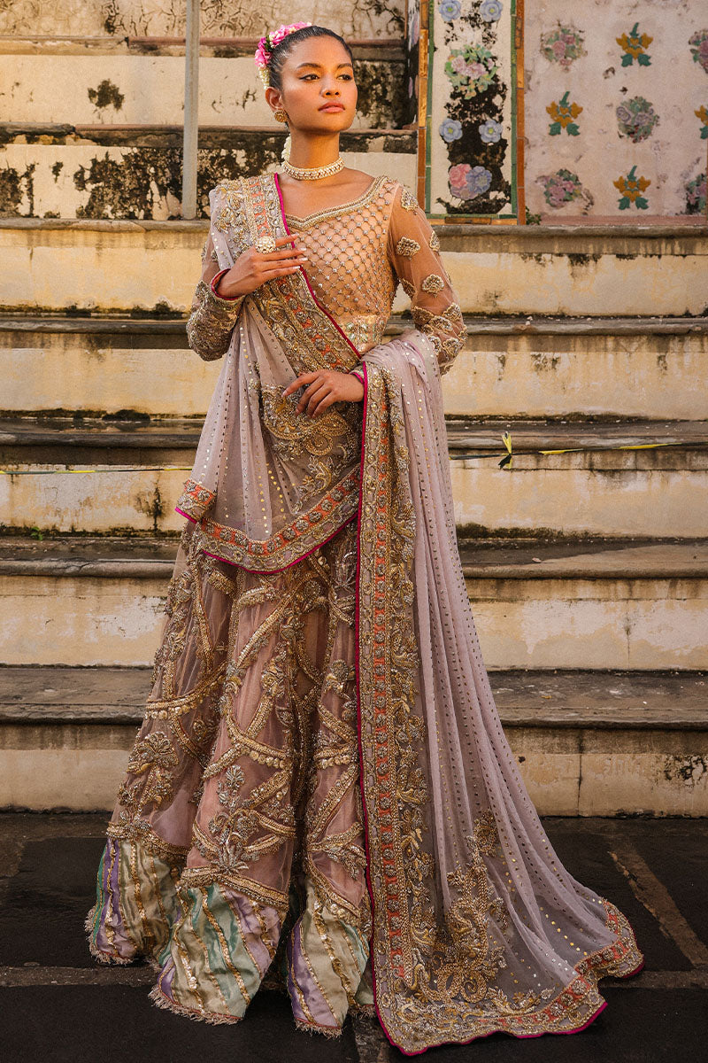 Pakistani Dusty Pink and Lilac Embroidered Net Bridal Lehenga (3-Piece) - Image 2