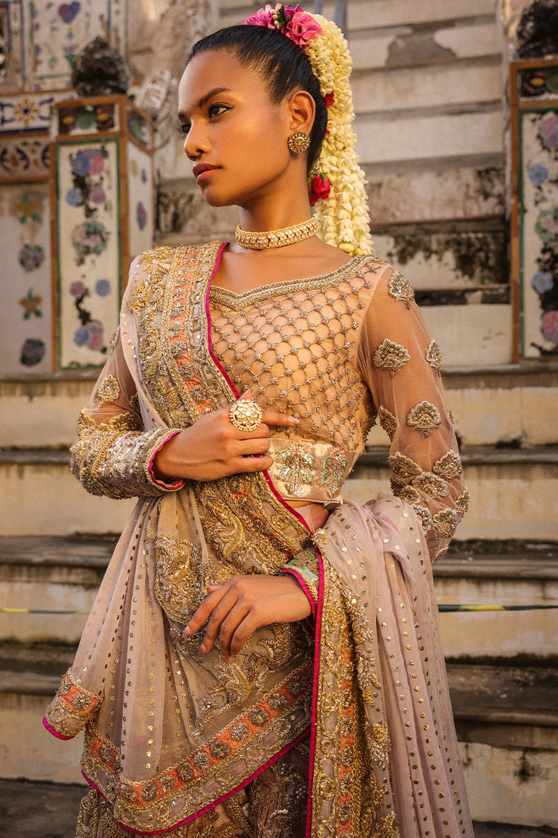 Pakistani Dusty Pink and Lilac Embroidered Net Bridal Lehenga (3-Piece) - Image 3