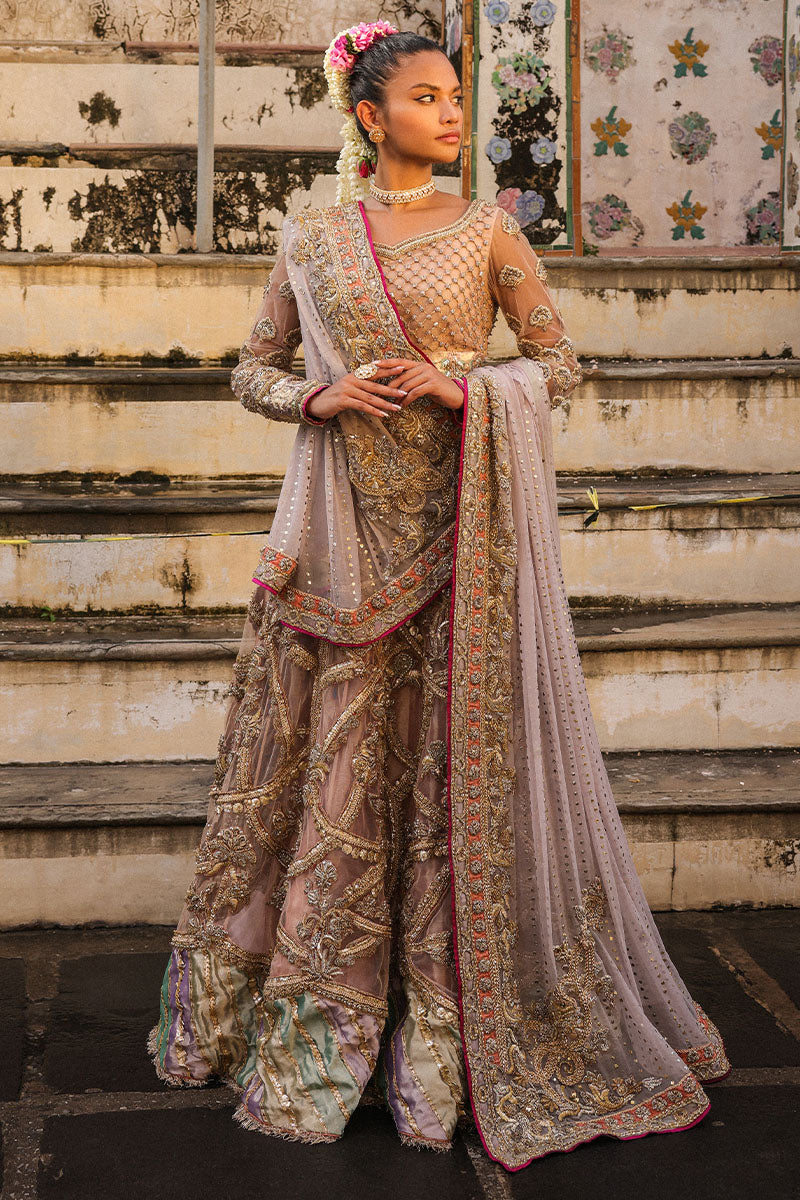 Pakistani Dusty Pink and Lilac Embroidered Net Bridal Lehenga (3-Piece) - Image 4