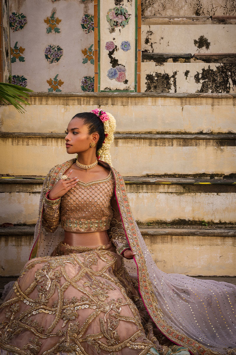 Pakistani Dusty Pink and Lilac Embroidered Net Bridal Lehenga (3-Piece) - Image 5