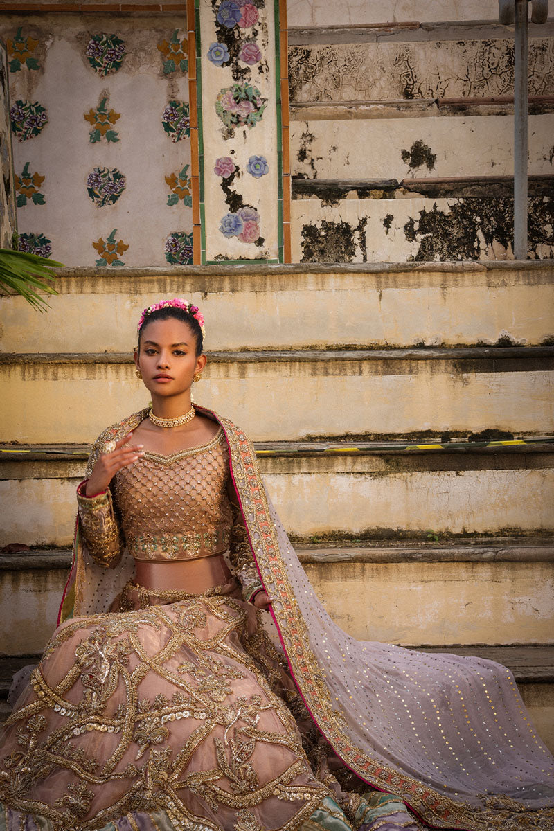 Pakistani Dusty Pink and Lilac Embroidered Net Bridal Lehenga (3-Piece) - Image 6