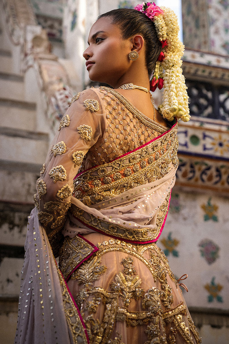 Pakistani Dusty Pink and Lilac Embroidered Net Bridal Lehenga (3-Piece) - Image 7