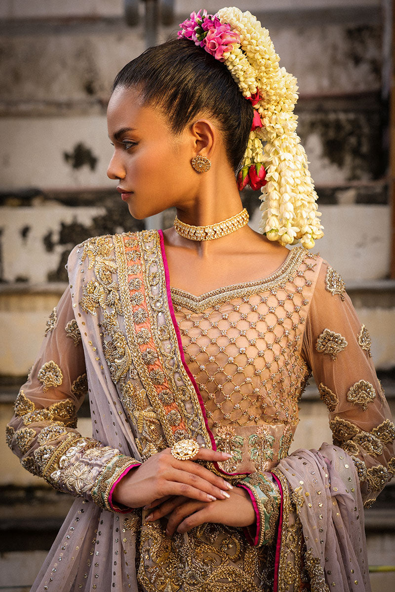 Pakistani Dusty Pink and Lilac Embroidered Net Bridal Lehenga (3-Piece) - Image 8