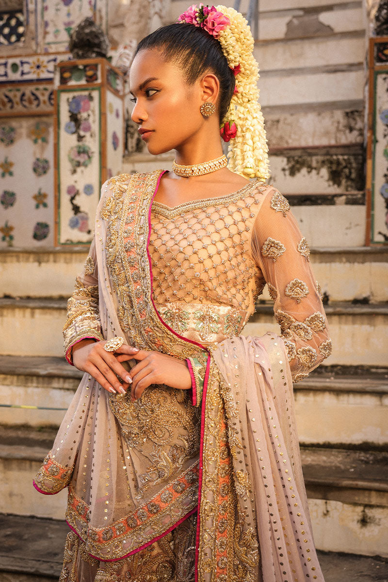 Pakistani Dusty Pink and Lilac Embroidered Net Bridal Lehenga (3-Piece) - Image 9