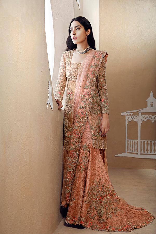 Peach Embellished Net Lehenga Set (3-Piece) - Image 1