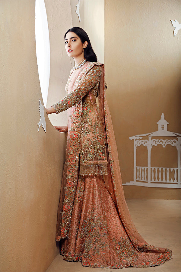 Peach Embellished Net Lehenga Set (3-Piece) - Image 3