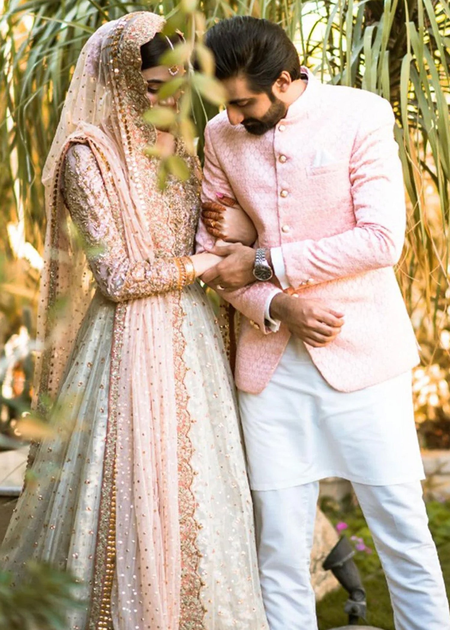 Blush Pink Gold Embellished Net Silk Bridal Lehenga (3-Piece) - Image 1