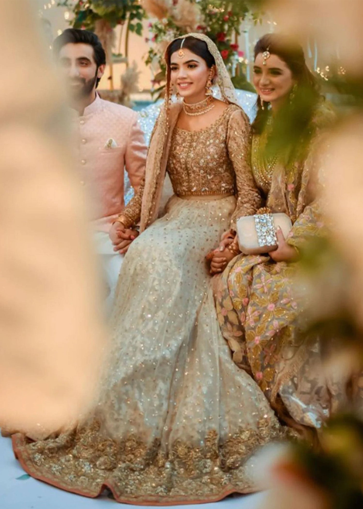 Blush Pink Gold Embellished Net Silk Bridal Lehenga (3-Piece) - Image 2