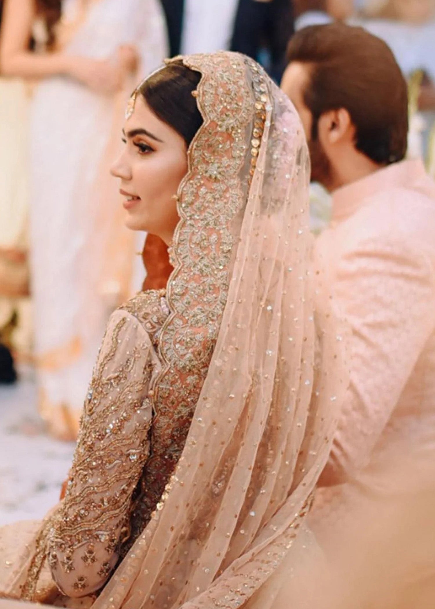 Blush Pink Gold Embellished Net Silk Bridal Lehenga (3-Piece) - Image 3