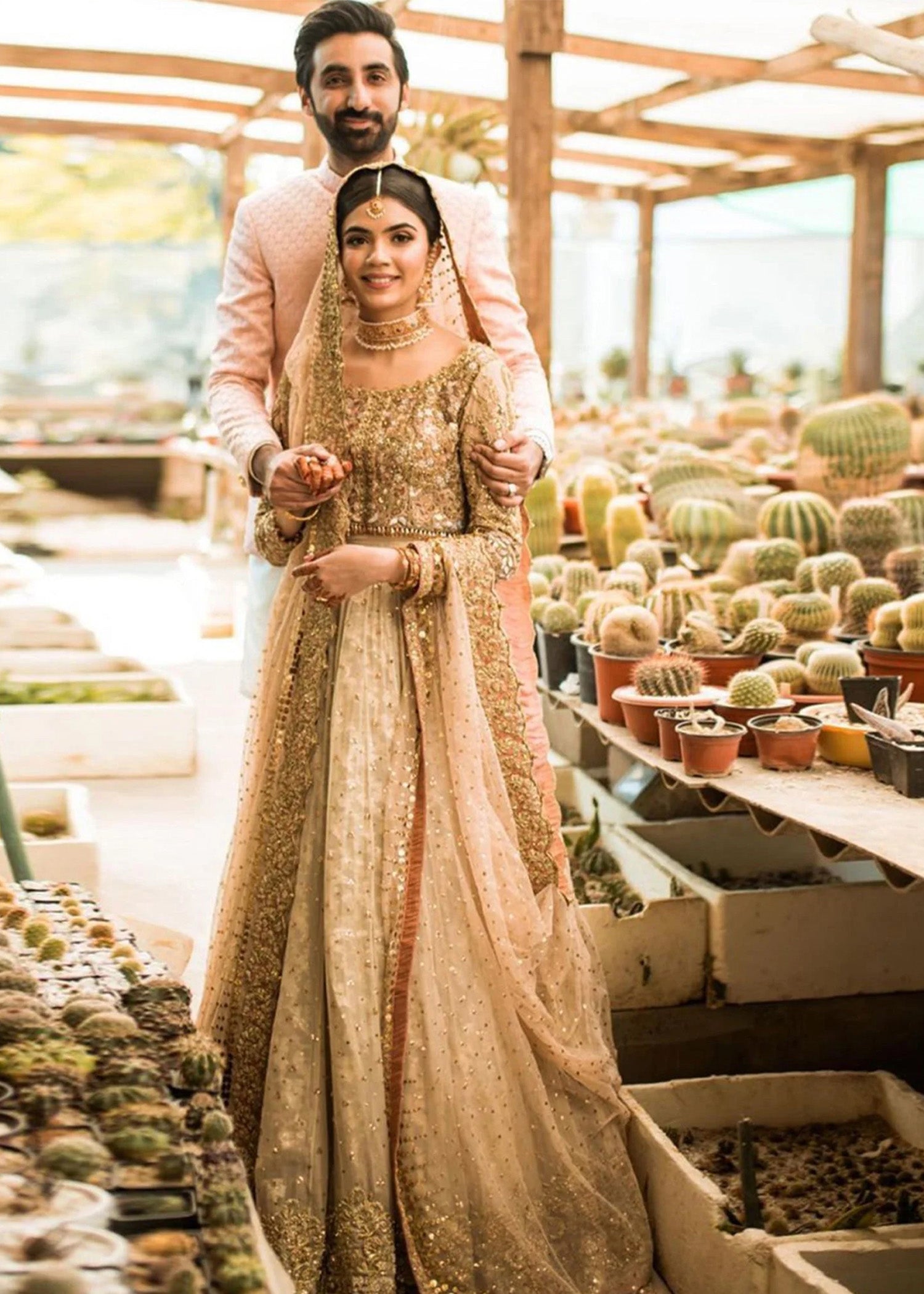 Blush Pink Gold Embellished Net Silk Bridal Lehenga (3-Piece) - Image 4