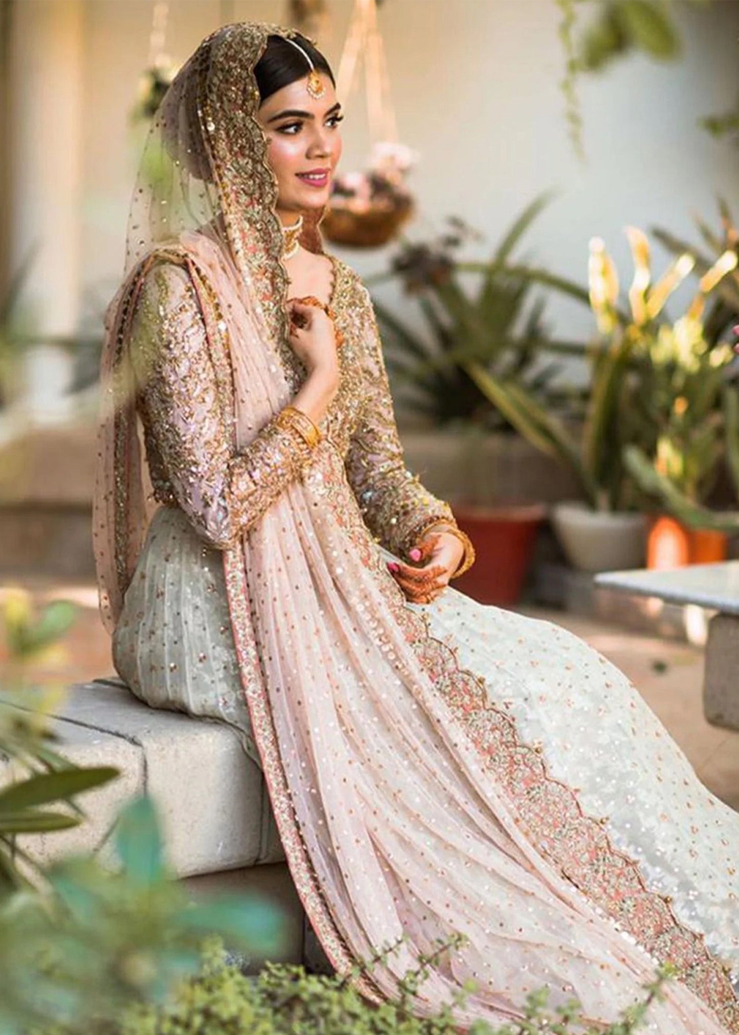 Blush Pink Gold Embellished Net Silk Bridal Lehenga (3-Piece) - Image 5
