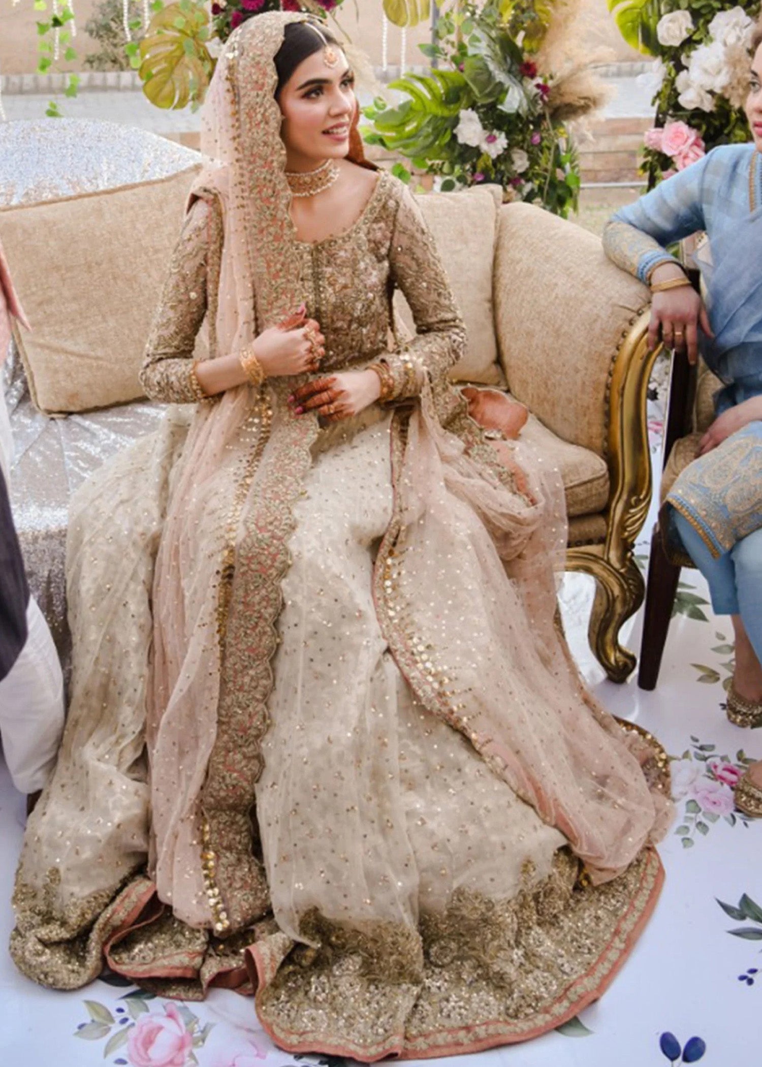 Blush Pink Gold Embellished Net Silk Bridal Lehenga (3-Piece) - Image 6