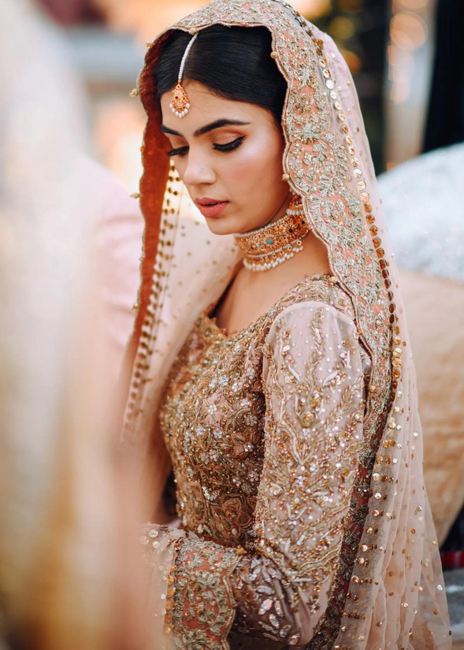 Blush Pink Gold Embellished Net Silk Bridal Lehenga (3-Piece) - Image 8