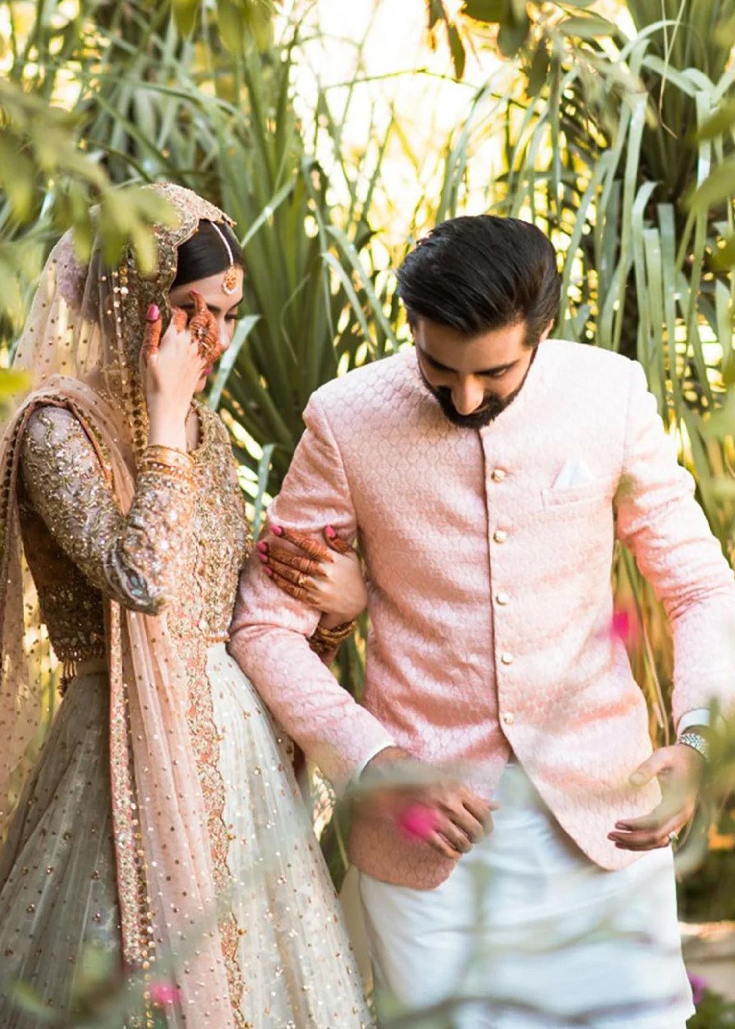 Blush Pink Gold Embellished Net Silk Bridal Lehenga (3-Piece) - Image 9