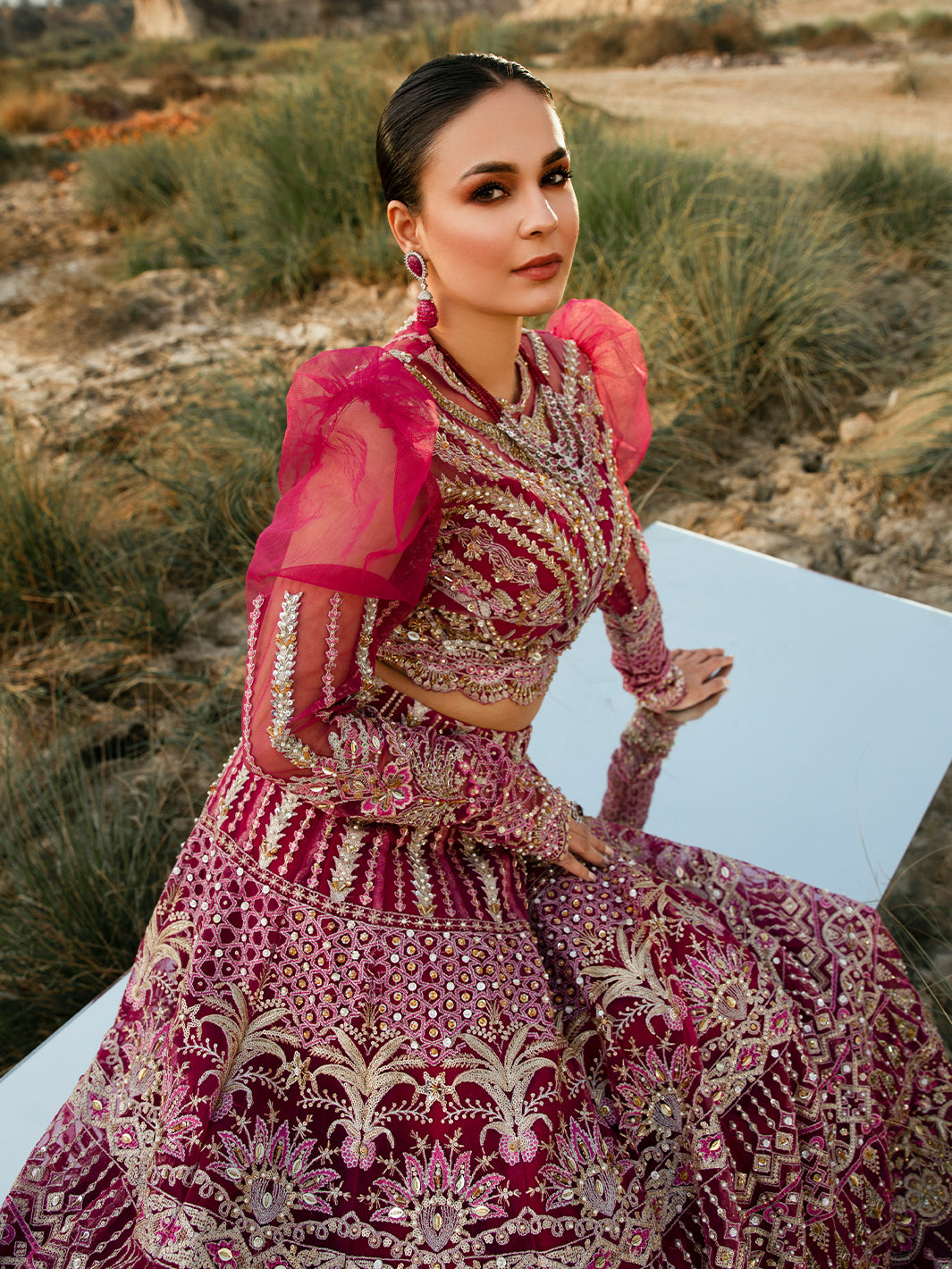 Deep Magenta Embroidered Net Lehenga (3-Piece) - Image 1