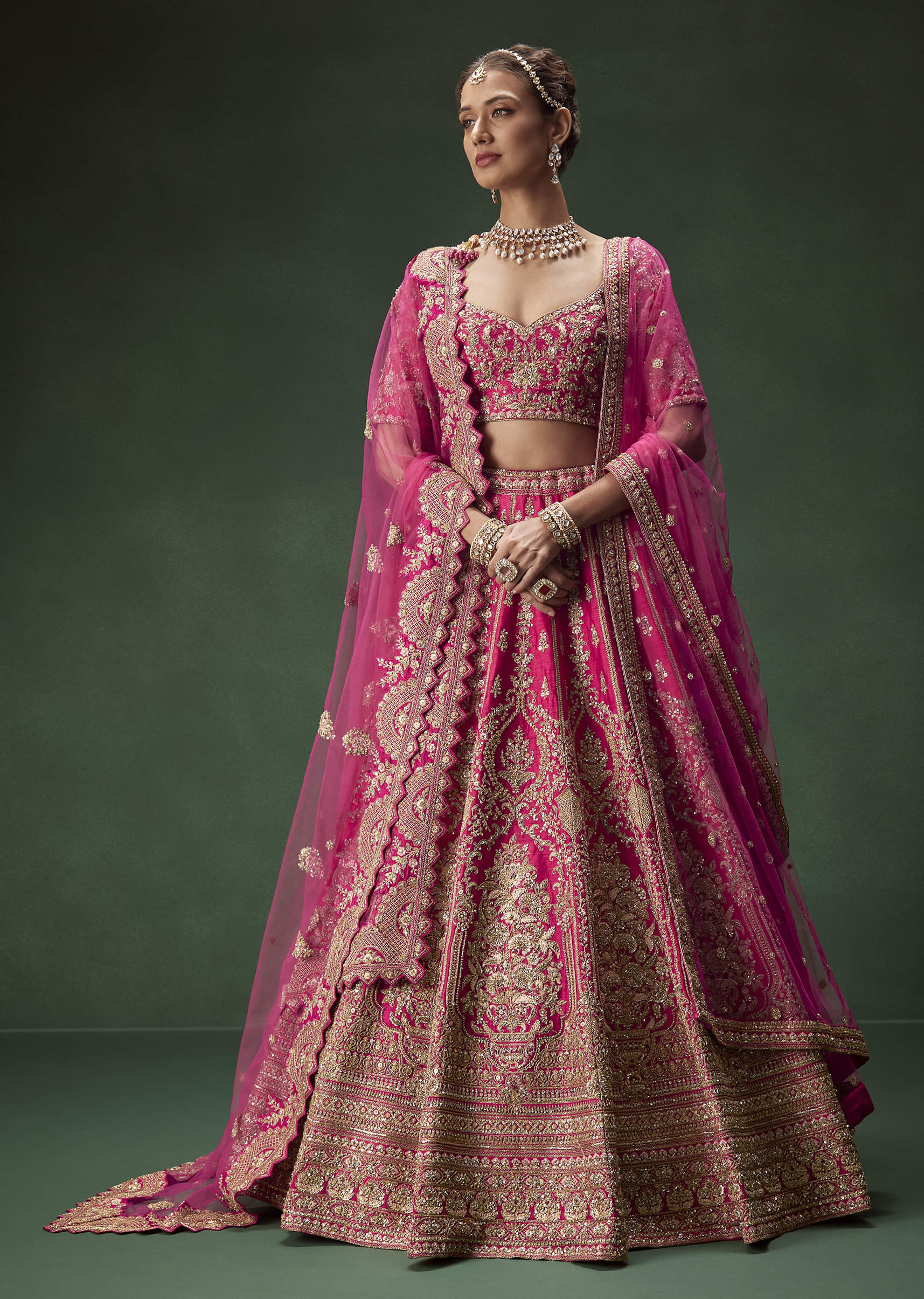 Rani Pink Zari Sequin Net Bridal Lehenga (3-Piece) - Image 1