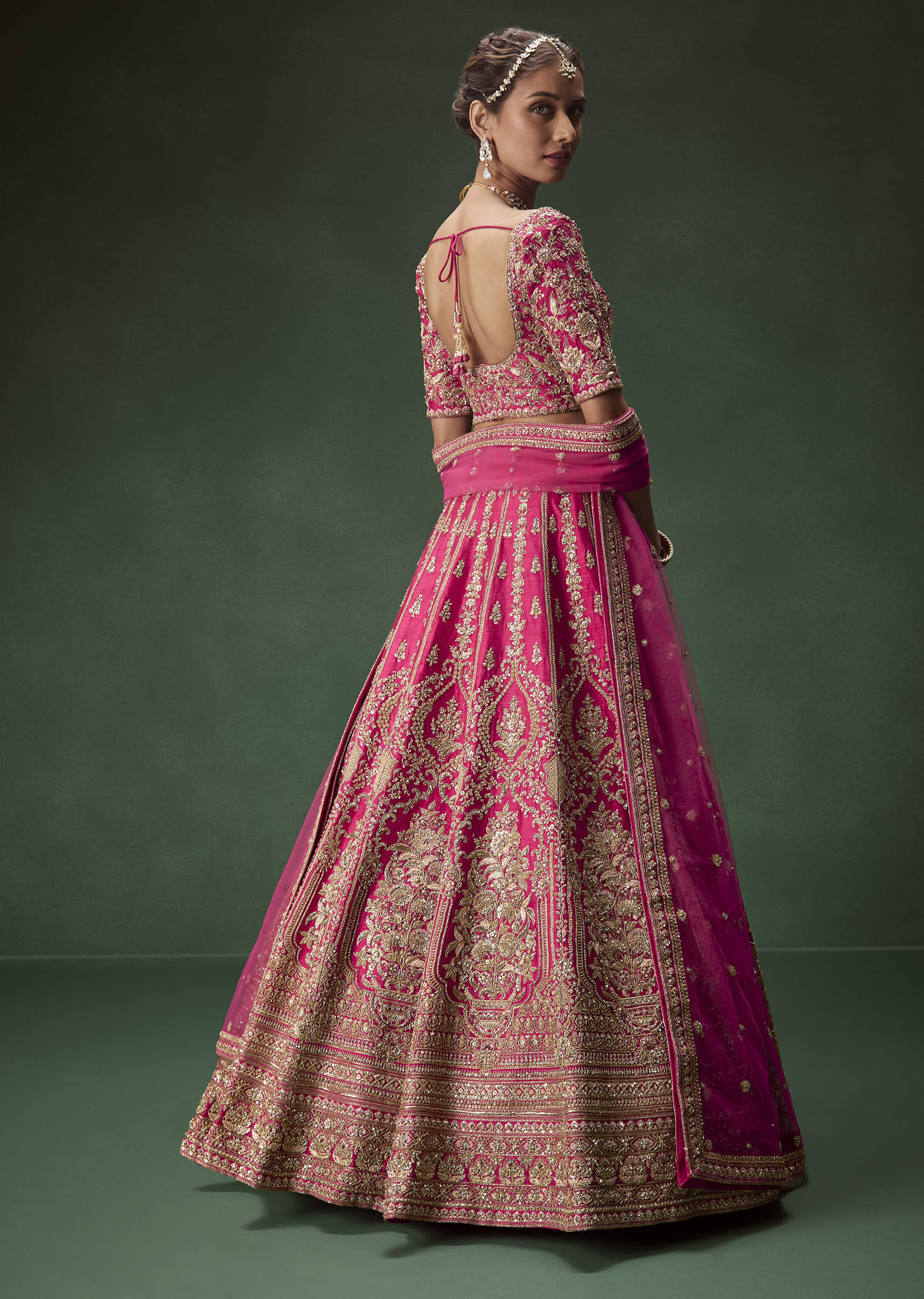 Rani Pink Zari Sequin Net Bridal Lehenga (3-Piece) - Image 2