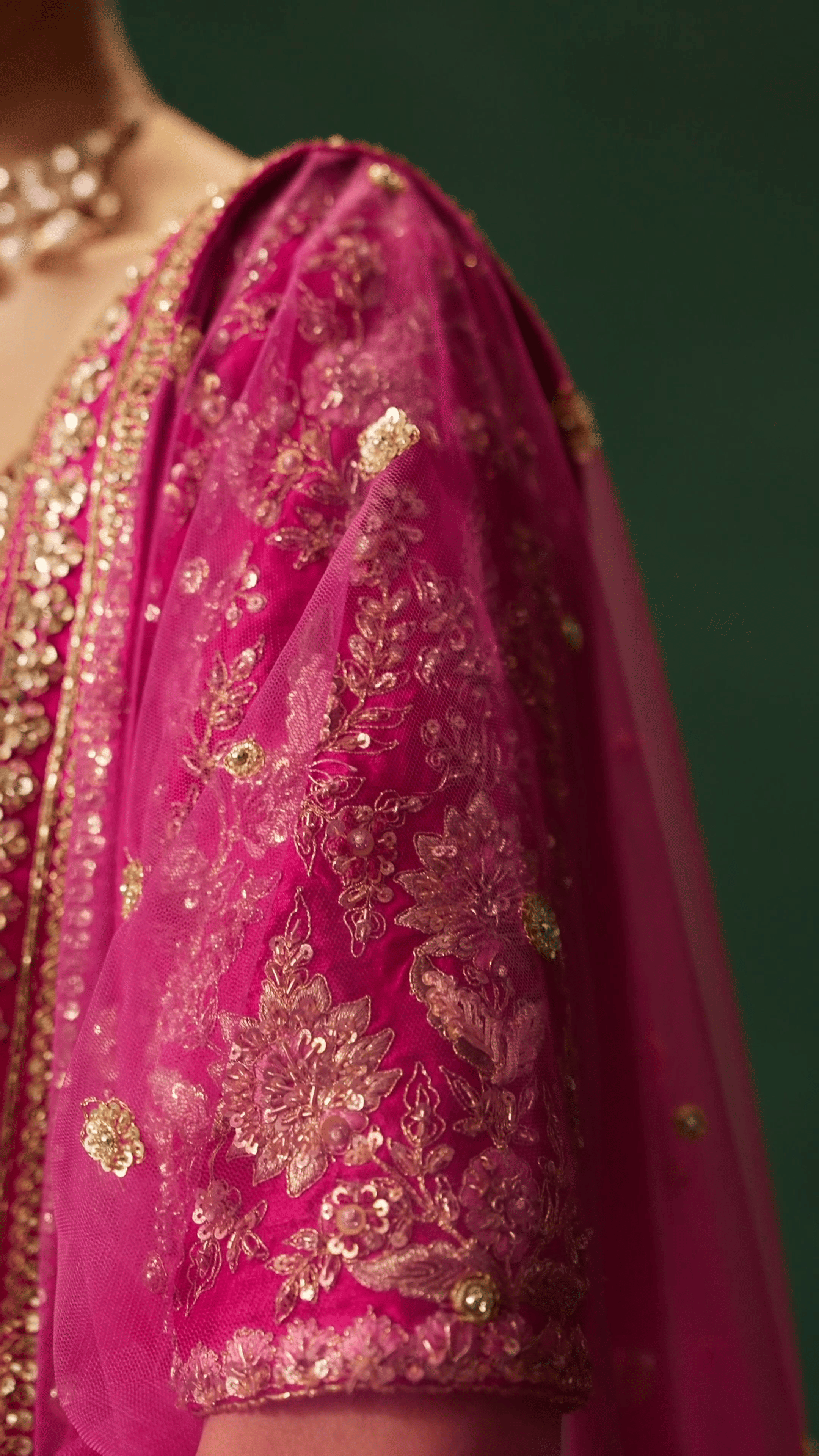 Rani Pink Zari Sequin Net Bridal Lehenga (3-Piece) - Image 3