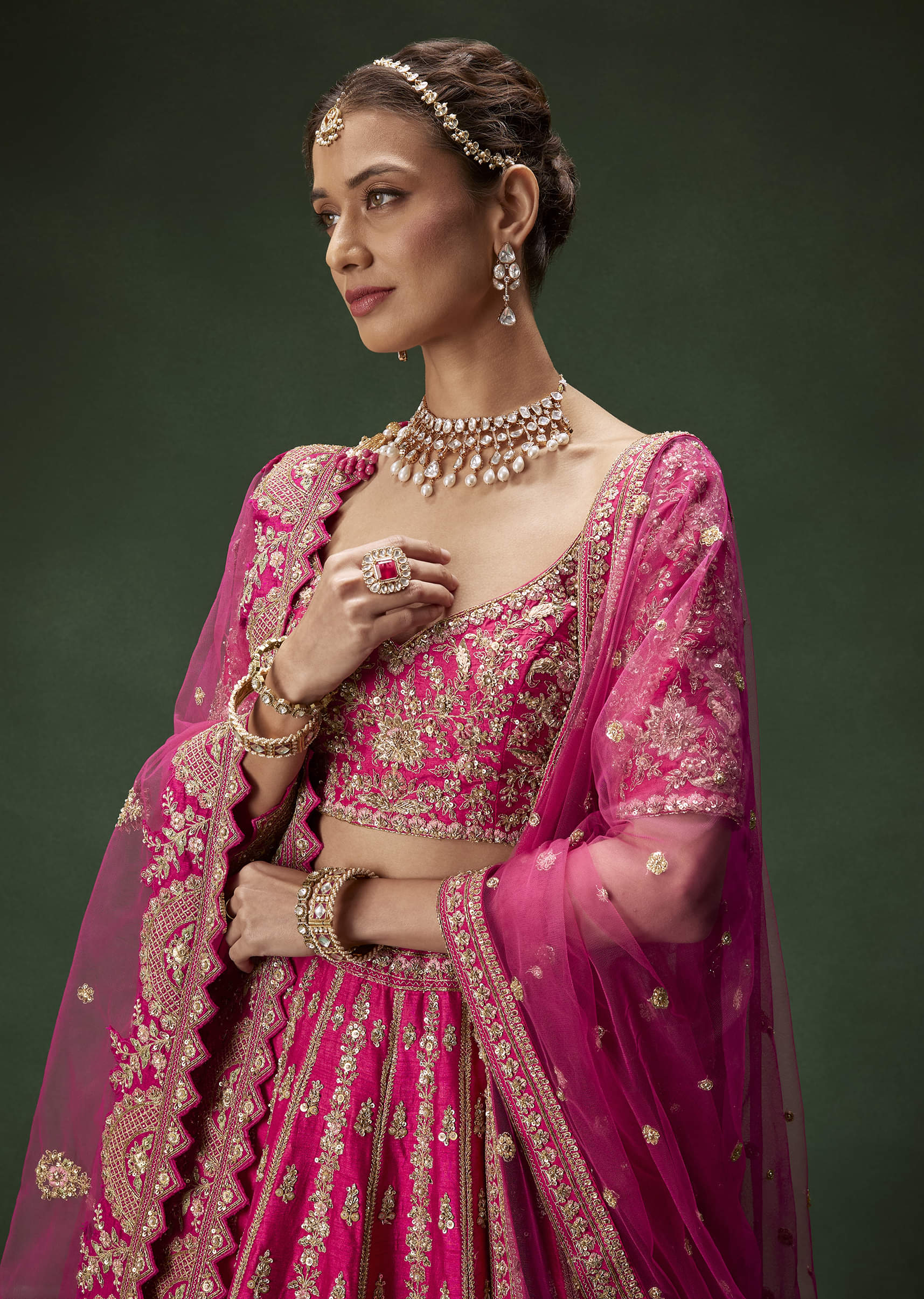 Rani Pink Zari Sequin Net Bridal Lehenga (3-Piece) - Image 4