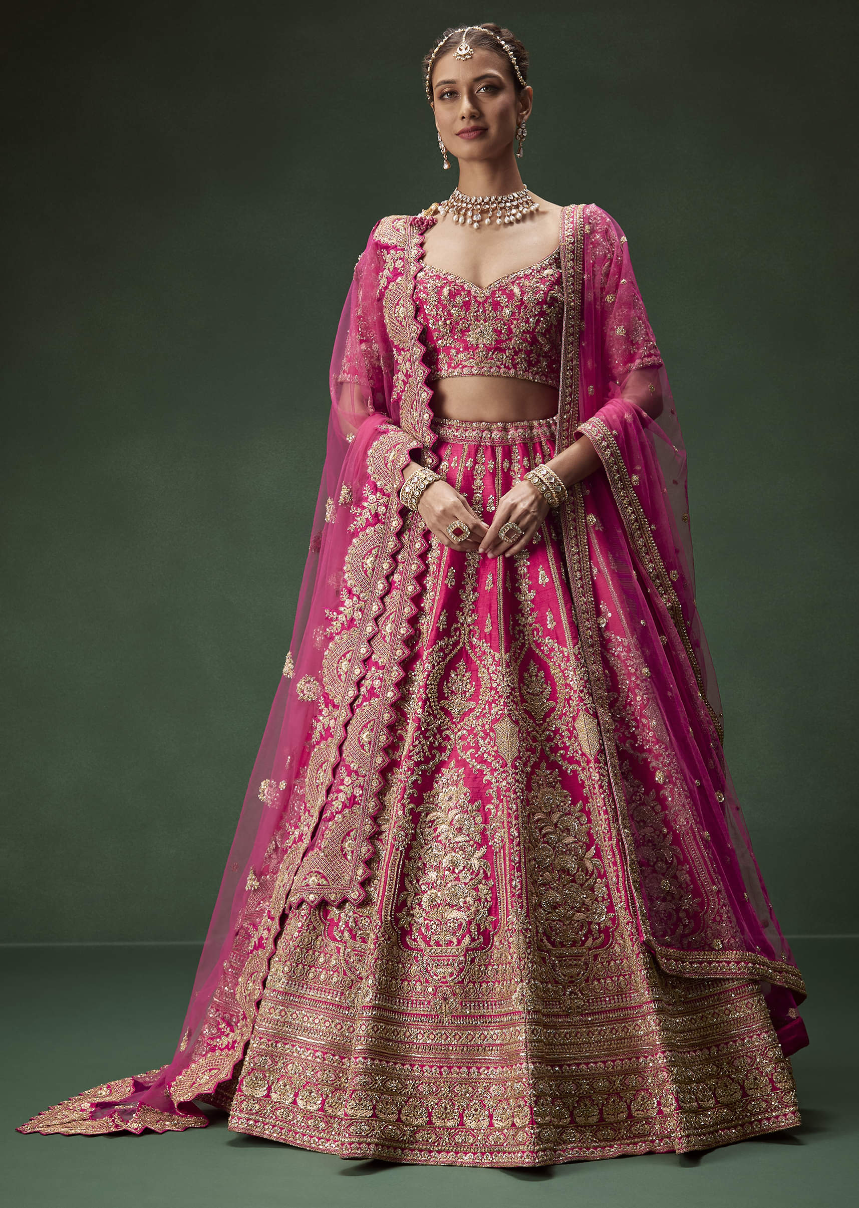 Rani Pink Zari Sequin Net Bridal Lehenga (3-Piece) - Image 5