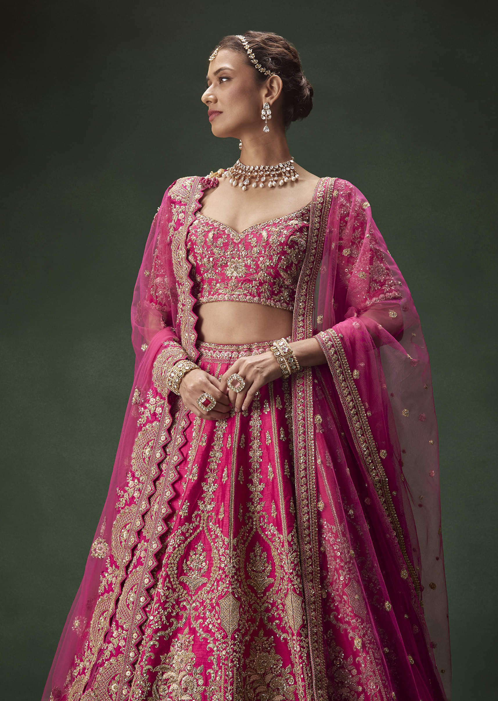 Rani Pink Zari Sequin Net Bridal Lehenga (3-Piece) - Image 6