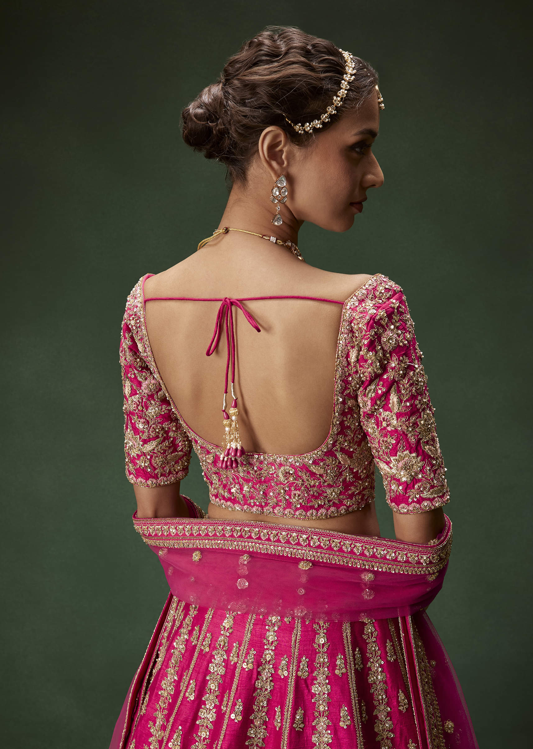 Rani Pink Zari Sequin Net Bridal Lehenga (3-Piece) - Image 7