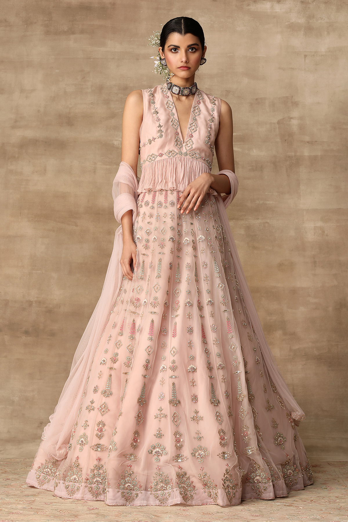 Indian Blush Pink Embroidered Net Lehenga with Organza Peplum (3-Piece) - Image 1